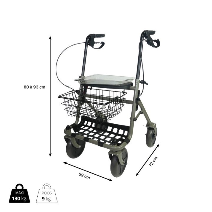 rollator 4 roues, panier, plateau, avec frein, roues directrices