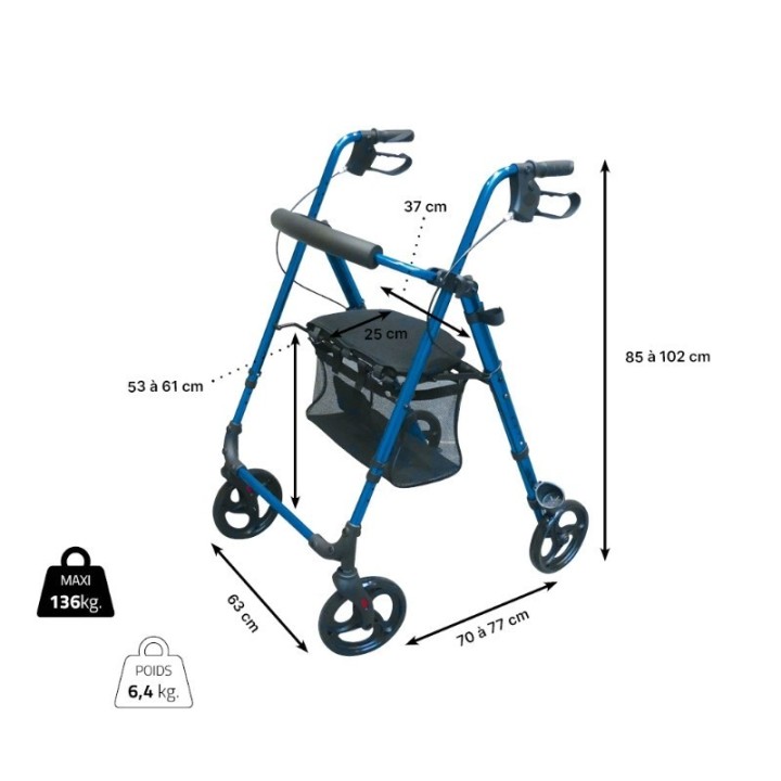 Rollator dossier relevable, sac amovible, frein, porte-canne.