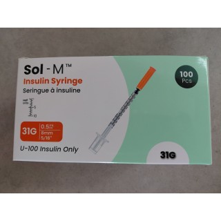 Seringue à insuline 0,5 ml - Aiguille 8 mm, 31G -  100 unités